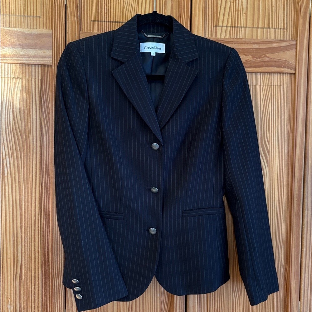 Calvin Klein Black Pinstripe Fitted Blazer Size 2